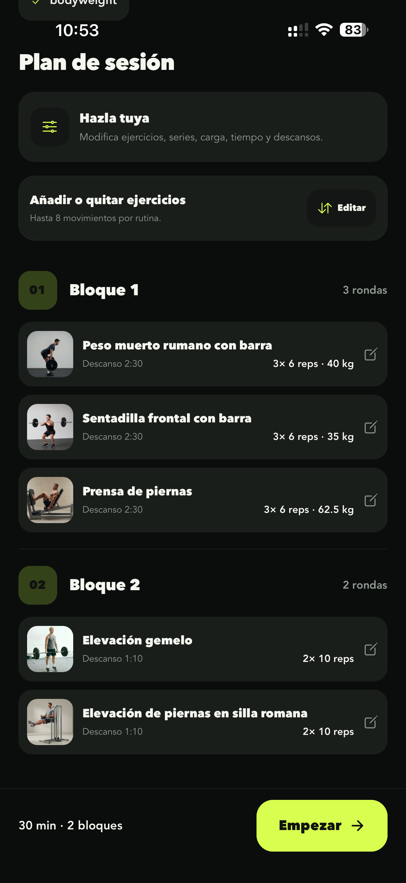 Captura real del plan de sesión en Ciclo Fitness