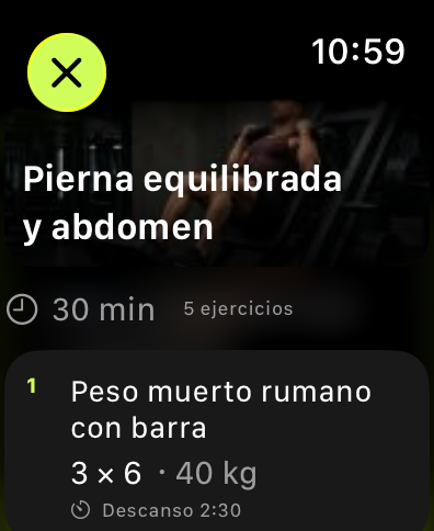 Captura real del plan de entrenamiento en Ciclo Pro Watch